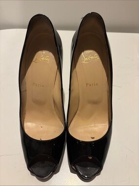 Christian Louboutin Black Patent Peep-Toe Pumps with Nude Insole